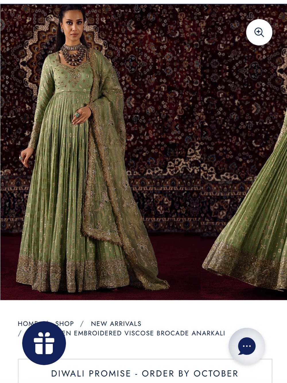 Lashkaraa Embroidered Viscose Brocade Anarkali Dress in Sage Green